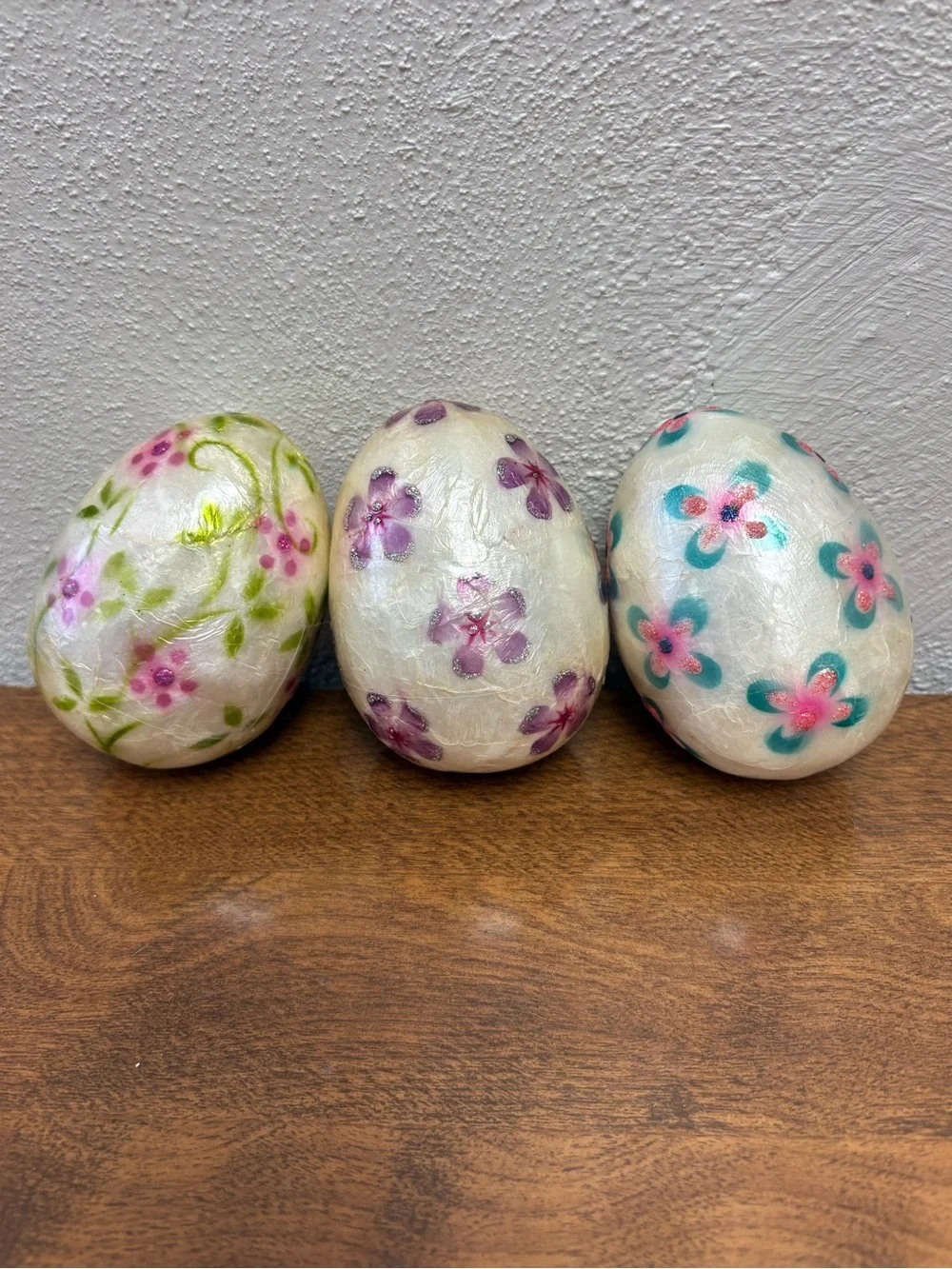 Vintage Pier 1 Imports Capiz Shell Floral Easter Eggs Set of 3 Handcrafted